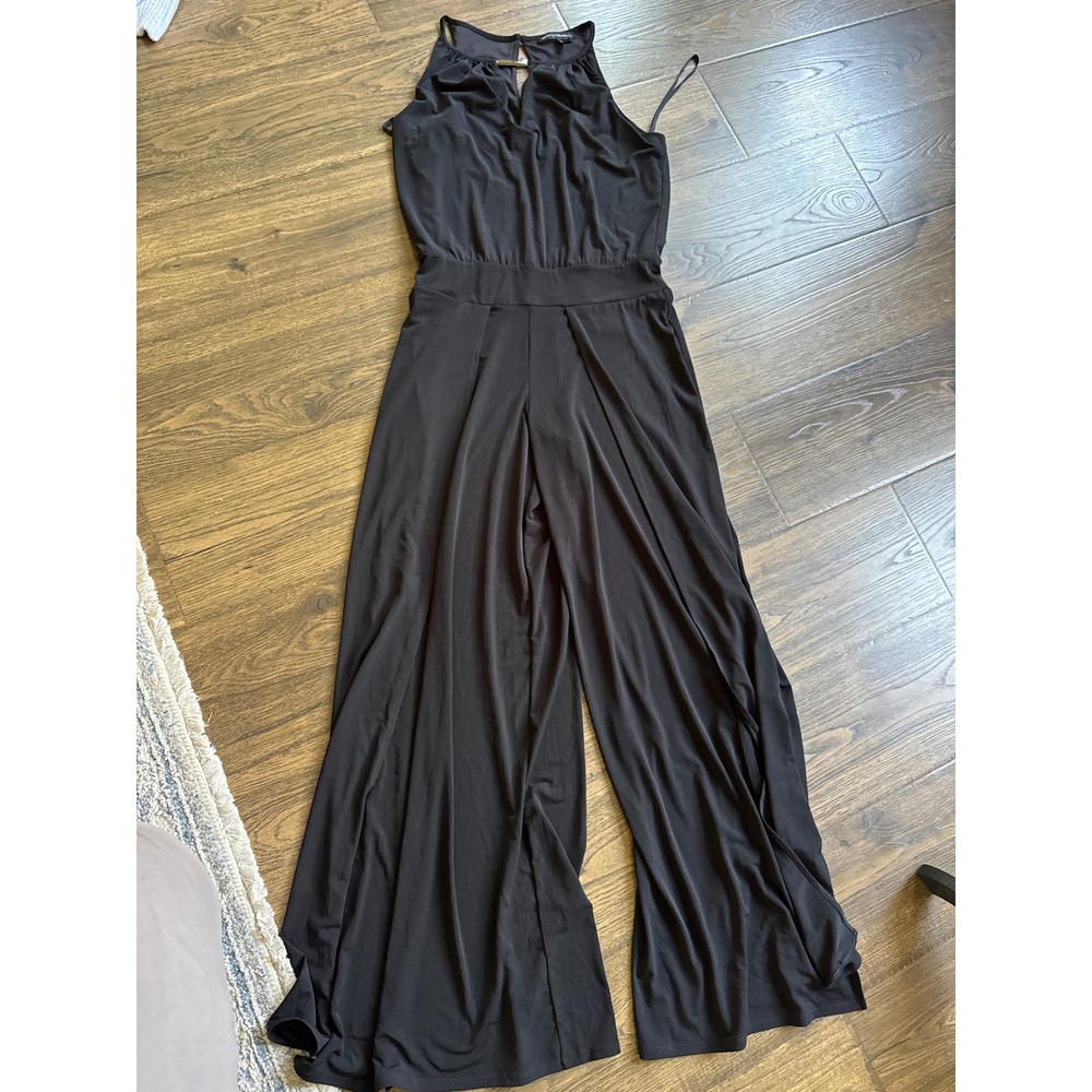 White House Black Market Black Halter Wide Leg Jumpsuit Silver Bar Detail S
